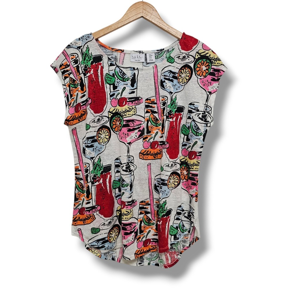 Nicole Miller Linen Top M Womens  Cocktail Print Tropical Resort Brunch Artsy